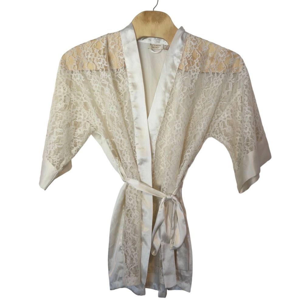 VTG Victorias Secret Gold Label White Lace‎ Floral Belted Robe Kimono One Size